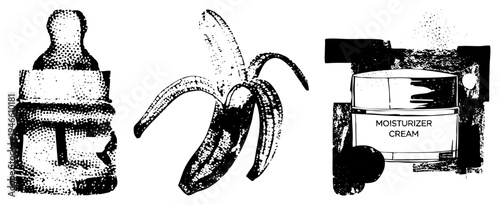 Halftone vector art of baby bottle, peeled banana, and moisturizer cream jar. Infant feeding, natural fruit, skincare product. Black and white graphic design.