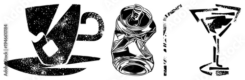 Graphic of coffee cup, soda can, straw, and cocktail glass, rendered in bold with gritty speckle effect, isolated vector art for design use.