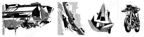 Stylized motorcyclist with helmet riding vintage bike, halftone shading, angular shapes, retro graphic design, black and white vector art.