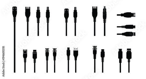 A collection of various electronic cables and connectors on a white background