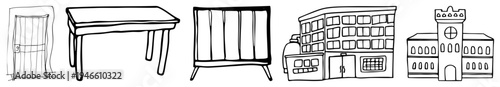 Minimalist sketches of furniture and architecture, including door, table, sofa, modern building, and, rendered in clean black on transparent background.