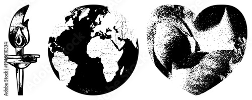 Torch symbolizing knowledge, globe representing world unity, heart shaped globe for global compassion, halftone vector art, black and white.