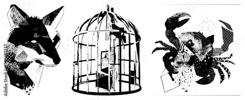 Stylized fox, cage, and crab rendered in bold black and halftone textures, isolated vector illustration, graphic design elements, modern tattoo art, pop art influence.