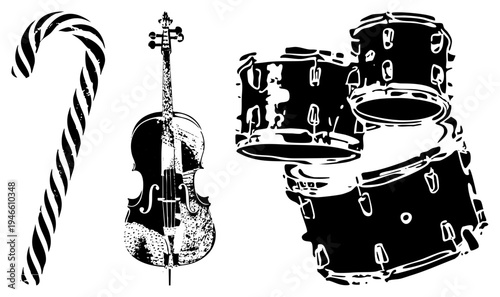 Festive candy cane, classic violin, drum kit holiday music, stylized black and white vector art, isolated musical symbols, holiday season motifs.