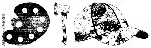 Artistic tools and gear rendered in halftone style painter’s palette with wells, hatchet, and distressed cap, graphic design elements, vector.