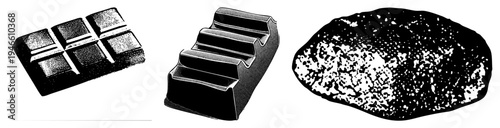 Vector illustrations of chocolate in bar segments, molded shape, and rough chunk, rendered in halftone texture, isolated on transparent background.
