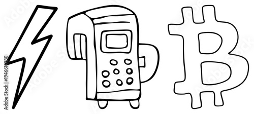 Bitcoin logo, retro mobile phone, lightning bolt, digital finance symbols, crypto assets, tech, vector set.