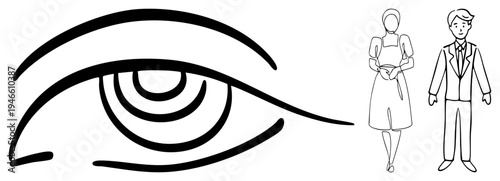Oversized eye watching two stylized people, one in apron, one in suit, minimalist, symbolic surveillance, observation theme.
