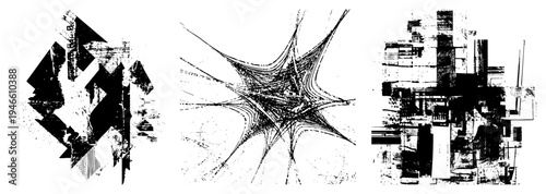 Fragmented geometric shapes with glitched textures, radial bursts, chaotic abstract forms, high contrast vector art, digital distortion.