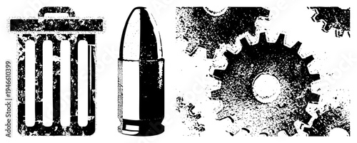 Distressed black and white vector trash can, bullet, gears. Industrial, gritty, halftone texture. Ideal for UI, games, or mechanical themes.