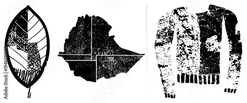 Black and white vector art featuring a leaf with veins, abstract fragmented shape, and textured sweater with ribbed cuffs all in halftone grainy style, isolated cutout graphic.