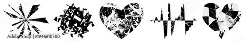 Cracked heart symbol with fragmented, radial starburst explosion, halftone texture, graphic design elements, vector, emotional abstract shapes.