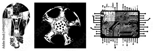 Retro film reel, incandescent bulb, integrated circuit board, vector art, tech nostalgia, graphic design elements, digital illustration.