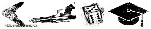 Set of four black and white grunge fountain pen, die, graduation cap, arrow. Retro textures, artistic strokes, isolated symbols for design use.