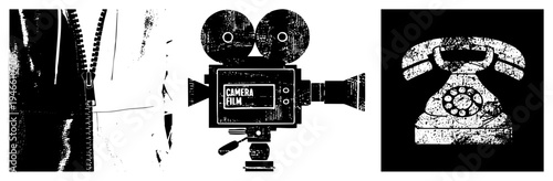 Retro camera with film reels, rotary telephone, zipper pull, distressed halftone style, vector, isolated elements, design.