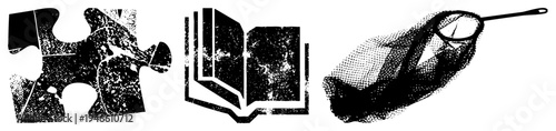 Set of three black vector jigsaw puzzle, open book, reading glasses. Educational,, and learning symbols. Halftone texture applied.