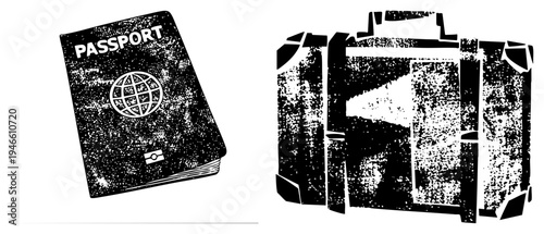 Travel documents and suitcase, passport book with globe emblem, vintage travel gear, wanderlust symbols, journey essentials, wanderer kit, nomadic.