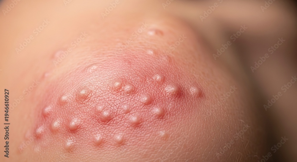 Fototapeta premium Close-up of a cluster of small red bumps and pustules on human skin.