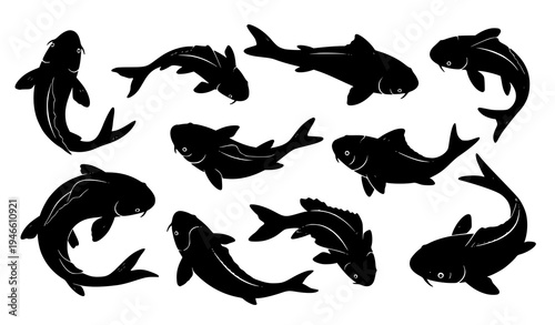Black koi fish silhouette vector set with nine different poses for Japanese, aquatic, and ornamental design