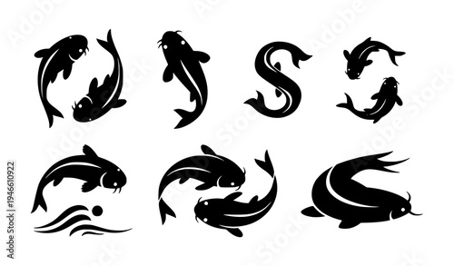 Black koi fish vector silhouette icons set with nine unique swimming poses for aquatic and Japanese design