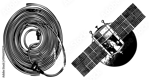 Black and white vector illustration of coiled power cord with plug and orbiting satellite over Earth, technical art, isolated graphic elements.