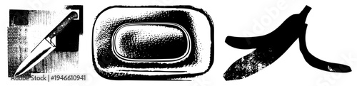 Black and white halftone style kitchen knife, rectangular soap dish, banana peel. Retro graphic design elements for culinary or cleaning themes.