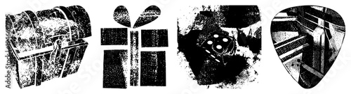 Retro treasure chest, gift box, dice, guitar pick isolated vector with halftone & distressed grain. Ideal for gaming, music, or treasure themes.