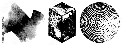 Abstract halftone forming angular, cubic, and spherical shapes, vector graphic, black and white, stylized geometry, isolated design elements.