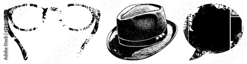 Retro styled glasses, fedora hat, and speech bubble with distressed texture, vector design, graphic elements for branding or UI.
