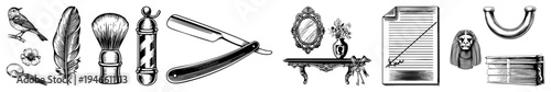 Classic grooming symbols including barber pole, straight razor, feather, magnifying glass, ornate mirror, and hieroglyphic head vector for retro design projects.