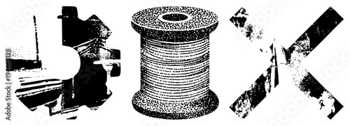 Distressed halftone spool of thread, stylized and thread, textile crafting symbols, vector graphic, sewing essentials.