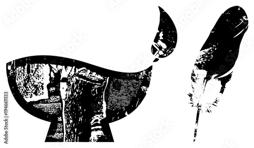 Classic inkwell holding black ink, quill pen for writing, calligraphy tool, historical stationery, graphic, artistic handwriting.