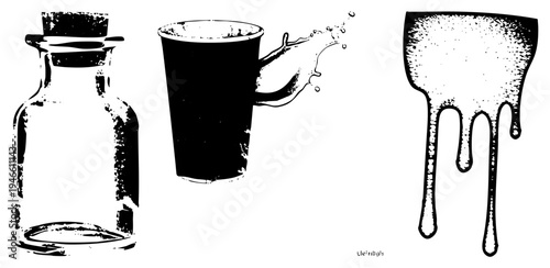 Stylized halftone illustrations of a corked bottle, a spilling mug, and a dripping paint pot, rendered in high contrast vector art with gritty texture.