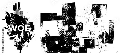 Bold graphic composition of shattered blocks and splattered textures, stark, glitch art aesthetic, distressed typography, urban decay motif.