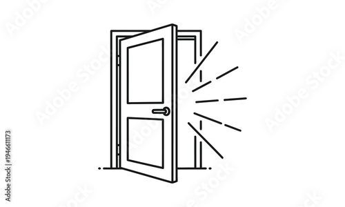 Open door with light rays emanating outward symbolizing new opportunity