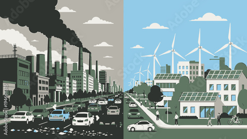 Urban Environment Contrast Pollution vs. Sustainability vector illustration
