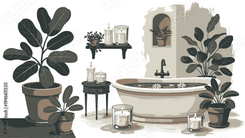 Cozy Bathroom Oasis With Plants And Candles vector illustration