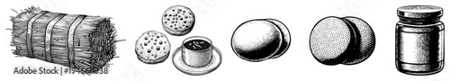 Vintage style art depicting hay bale, spotted cookies, coffee cup, eggs, and glass jar rustic food and farm items rendered in halftone shading.
