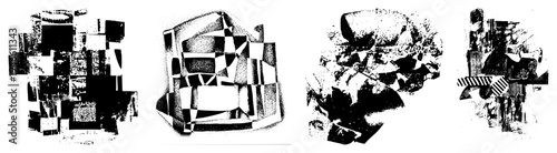 Fragmented geometric shapes, cubist collage, halftone texture, vector art, abstract composition, modern graphic design, aesthetic.