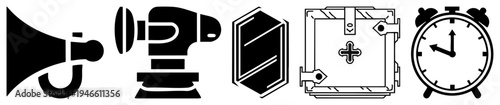 Flat vector representing communication, security, time, and protection megaphone, microphone, shield, vault, alarm clock. Graphic symbols for UI or branding.