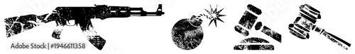 Distressed black vector including AK 47 rifle, hand grenade, judge’s gavel, and sledgehammer, textured with gritty grain and splatter effects for edgy design.