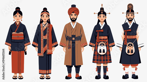 Diverse Cultures People in Traditional Attire From Around The World vector illustration