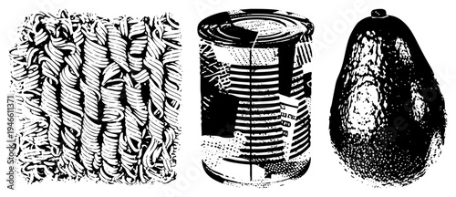 Stylized vector graphic of spiral pasta, canned food, and avocado rendered in halftone. Includes food items, kitchen staples, and organic shapes in high contrast.