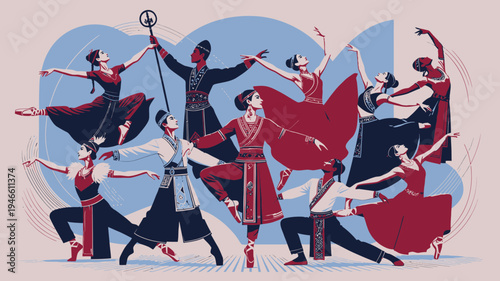 Ballet Dancers In Traditional Costumes Performing Graceful Poses vector illustration