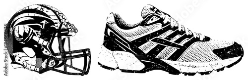 Sports gear pair football helmet with faceguard and athletic sneaker, vector art, black and white, halftone texture, isolated sports equipment.