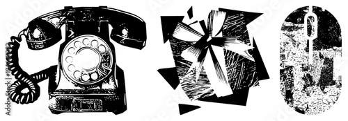 vector art rotary phone, gift bow, mouse stylized retro tech symbols with geometric & halftone textures. Synonyms vintage telecom, digital cursor, minimalist tech illustration.