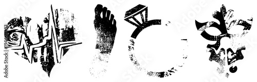 Distressed vector including heartbeat, footprint, ring, and abstract symbol. Grungy design with textured strokes. Medical, wellness, or symbolic graphic elements.