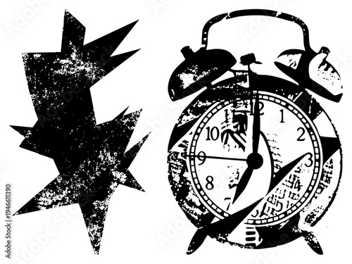 Distressed black and white alarm clock with hands at 7 00, paired with jagged starburst, vintage graphic design, retro poster elements, vector art with intentional noise texture.
