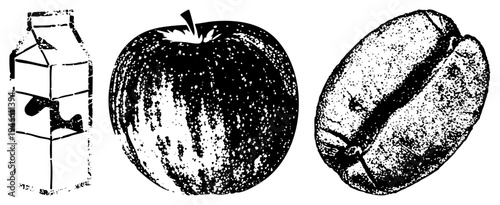 Classic black and white halftone graphic featuring milk carton,, coffee bean food and beverage, retro vector art, stylized food illustration.