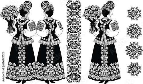 Eastern European folk costume illustration, traditional floral embroidery, cultural heritage artwork, women in ethnic attire, decorative bouquet design, ornamental symmetry